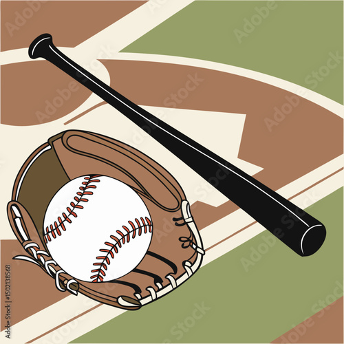 Baseball dans une mitaine avec une batte noire à faible angle vue de mise au point sélective sur un terrain de baseball