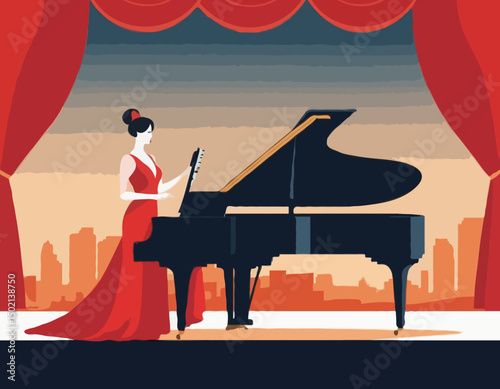 Beautiful woman opera singer in long red dress and musician pianist at piano on scene vector flat illustration, premiere