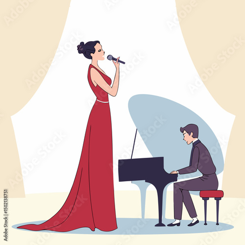 Beautiful woman opera singer in long red dress and musician pianist at piano on scene vector flat illustration, premiere