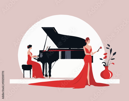 Beautiful woman opera singer in long red dress and musician pianist at piano on scene vector flat illustration, premiere