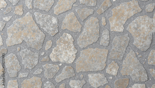 Overhead close-up of irregular seamless stone paving texture, Mediterranean textured wall, ground material, natural rustic grey stones surface. Durable outdoor flooring for patios, walkways, squares. 
