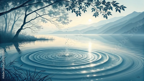 abstract water ripple in lake blue gradient, soft circular motion, sunlight glint sparkles

