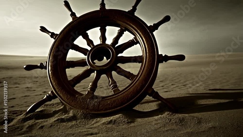 Weathered ship's wheel stands stranded in rolling desert sands under moody sky, evoking themes of navigation, adventure, and forgotten journeys