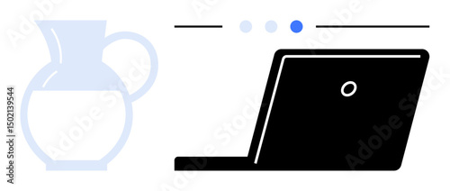 Black laptop with interface icons beside a translucent pitcher suggesting minimal office tools. Ideal for remote work, technology, productivity, creativity, design projects, innovation, simple