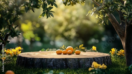 Fresh oranges on a wooden stump in a garden setting.