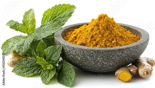 Turmeric powder in a stone bowl with fresh mint and ginger.