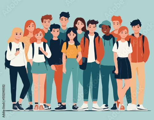 Company of modern happy teenagers friends. A group of school or college students. Portrait of young people, guys and girls