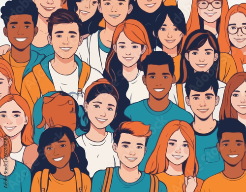 Company of modern happy teenagers friends. A group of school or college students. Portrait of young people, guys and girls