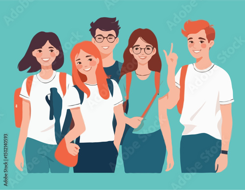 Company of modern happy teenagers friends. A group of school or college students. Portrait of young people, guys and girls