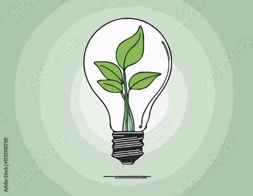 continuous single line drawing of green plant in light bulb, green energy concept line art vector illustration