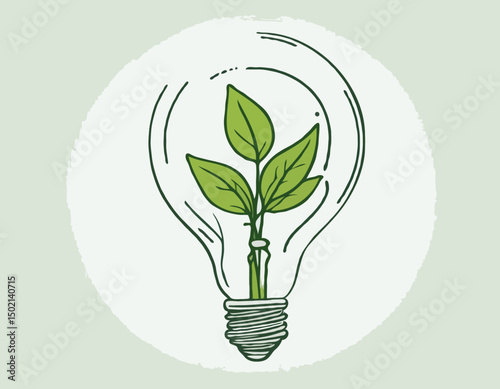continuous single line drawing of green plant in light bulb, green energy concept line art vector illustration