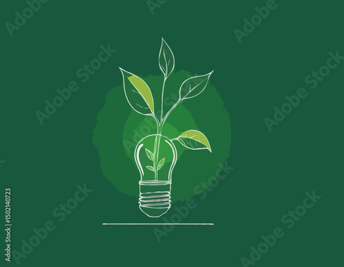 continuous single line drawing of green plant in light bulb, green energy concept line art vector illustration