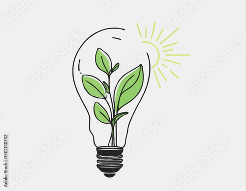 continuous single line drawing of green plant in light bulb, green energy concept line art vector illustration