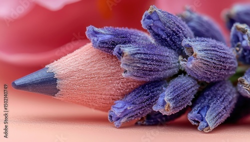 A colored pencil with dried lavender flowers.