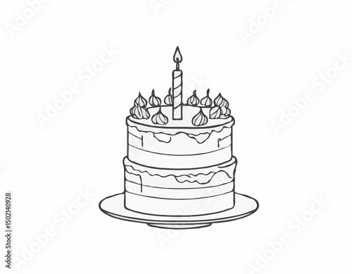 continuous single line drawing of birthday cake with candle on top, line art vector illustration