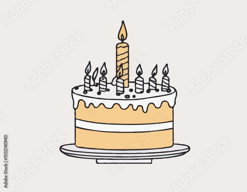 continuous single line drawing of birthday cake with candle on top, line art vector illustration