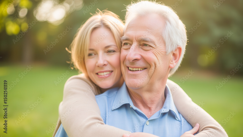 Joyful Moment Between a Happy Young Woman and an Older Man Embracing Outdoors in Nature Joyful Moment Between a Happy Young Woman and an Older Man Embracing Outdoors in Nature