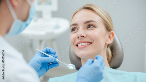 Smiling Woman at Dental Appointment in Modern Clinic with Dentist Holding Mirror Tool