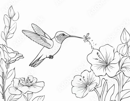 continuous single line drawing of hummingbird hovering while feeding at flower, line art vector illustration