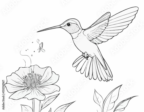 continuous single line drawing of hummingbird hovering while feeding at flower, line art vector illustration