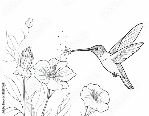 continuous single line drawing of hummingbird hovering while feeding at flower, line art vector illustration