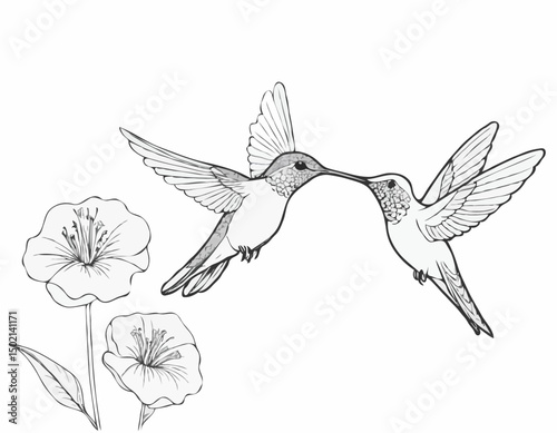 continuous single line drawing of hummingbird hovering while feeding at flower, line art vector illustration
