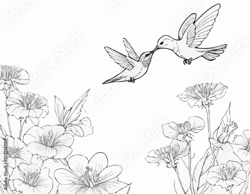 continuous single line drawing of hummingbird hovering while feeding at flower, line art vector illustration