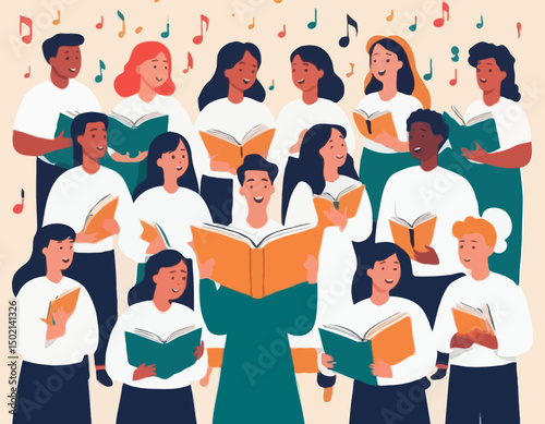 Singers Choir Event. Characters Singing in Chorus. Young Men and Women with Singing Books Perform Musical Composition