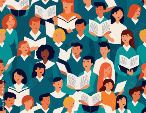 Singers Choir Event. Characters Singing in Chorus. Young Men and Women with Singing Books Perform Musical Composition