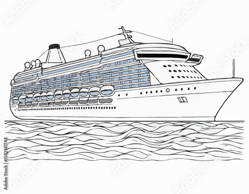 continuous single line drawing of large cruise ship on ocean, line art vector illustration