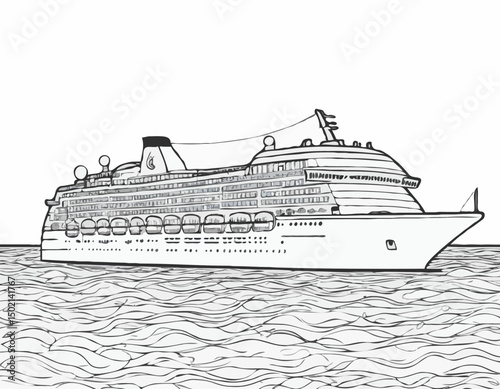 continuous single line drawing of large cruise ship on ocean, line art vector illustration