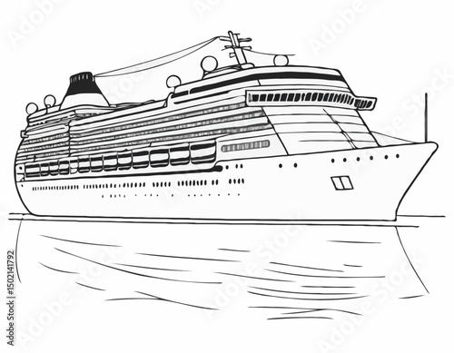 continuous single line drawing of large cruise ship on ocean, line art vector illustration