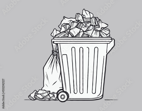 continuous single line drawing of trash can overflowing with trash bags, line art vector illustration