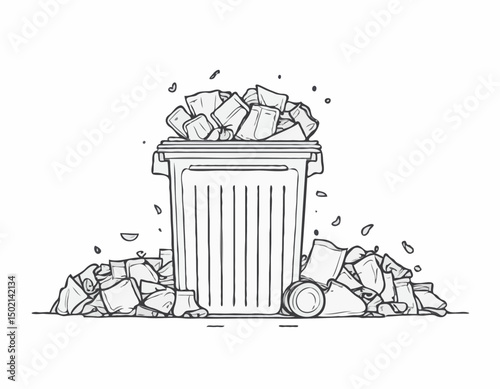 continuous single line drawing of trash can overflowing with trash bags, line art vector illustration