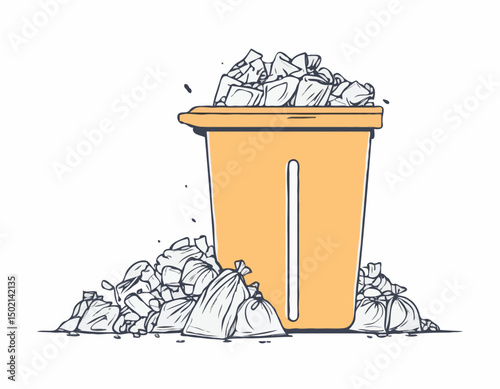 continuous single line drawing of trash can overflowing with trash bags, line art vector illustration