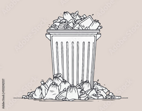 continuous single line drawing of trash can overflowing with trash bags, line art vector illustration