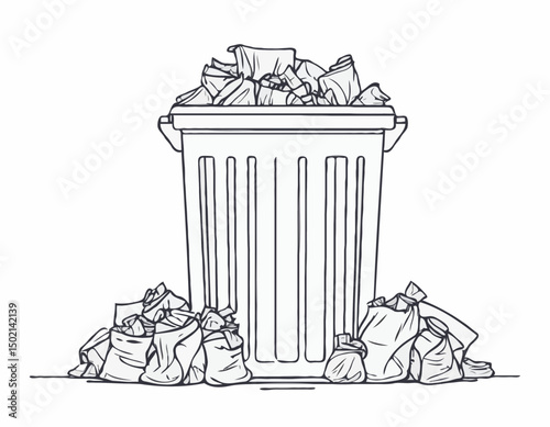 continuous single line drawing of trash can overflowing with trash bags, line art vector illustration
