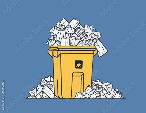 continuous single line drawing of trash can overflowing with trash bags, line art vector illustration