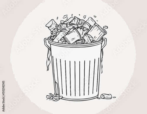 continuous single line drawing of trash can overflowing with trash bags, line art vector illustration