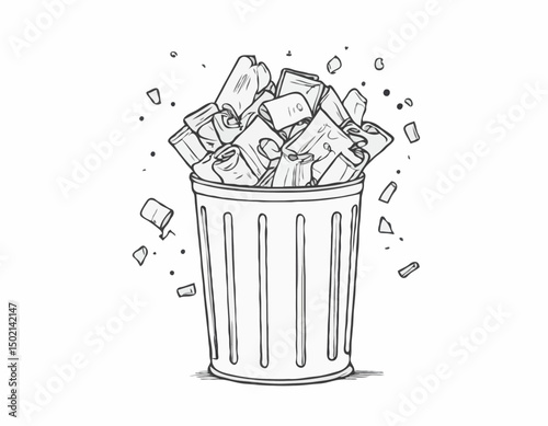 continuous single line drawing of trash can overflowing with trash bags, line art vector illustration