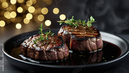 Grilled beef medallions glazed in glossy red wine jus, crowned with fresh thyme. Black ceramic stage and golden bokeh lights create steakhouse elegance. Perfect for fine dining menus.