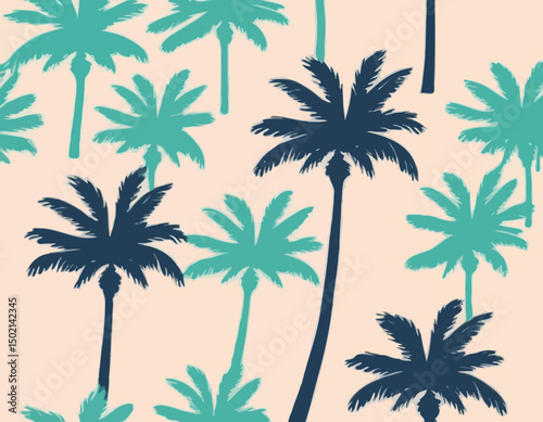 Vector illustration of a hand drawn palm trees on a paint background