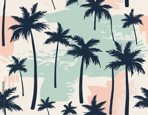Vector illustration of a hand drawn palm trees on a paint background