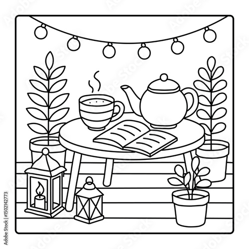 Cozy Tea Time with Plants and Lanterns - Black and White Line Art