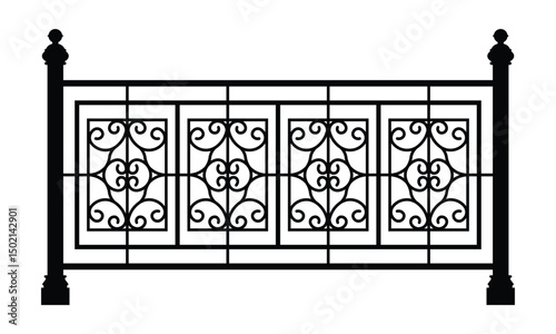 Black and white ornate metal fence with symmetrical scrollwork, floral motifs, and geometric grid panels. Classic architectural line art in balanced frontal view, exuding timeless elegance