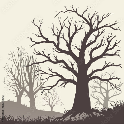 Dead trees vector set, scary autumn bark, dry bare branch silhouette, Halloween spooky forest. Cemetery winter oak wood kit, leafless trunk clipart on white bare roots. Environment icon - Royalty-free