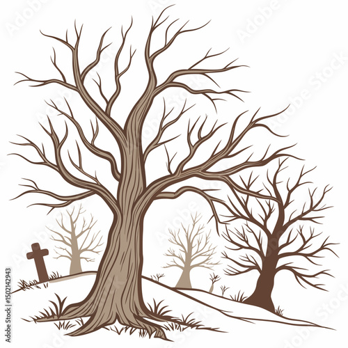 Dead trees vector set, scary autumn bark, dry bare branch silhouette, Halloween spooky forest. Cemetery winter oak wood kit, leafless trunk clipart on white bare roots. Environment icon - Royalty-free