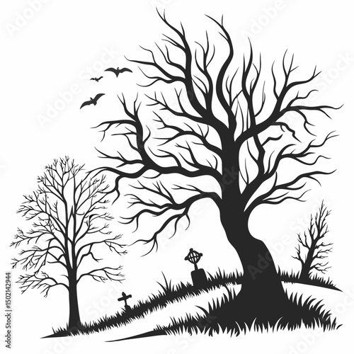 Dead trees vector set, scary autumn bark, dry bare branch silhouette, Halloween spooky forest. Cemetery winter oak wood kit, leafless trunk clipart on white bare roots. Environment icon - Royalty-free