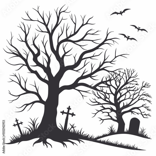 Dead trees vector set, scary autumn bark, dry bare branch silhouette, Halloween spooky forest. Cemetery winter oak wood kit, leafless trunk clipart on white bare roots. Environment icon - Royalty-free