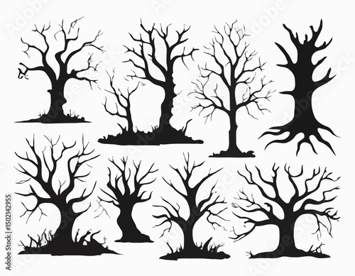 Dead trees vector set, scary autumn bark, dry bare branch silhouette, Halloween spooky forest. Cemetery winter oak wood kit, leafless trunk clipart on white bare roots. Environment icon - Royalty-free